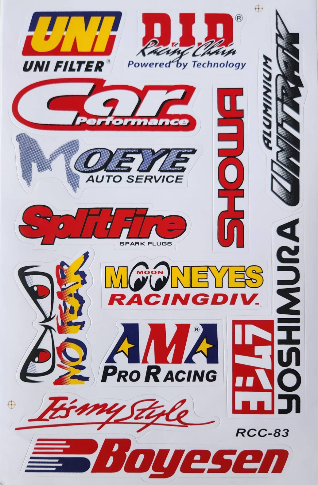 Uni Filter DID Mooneyes Yoshimura Showa Boyesen AMA Splitfire Sticker Sheet | Car Decal RCC-83
