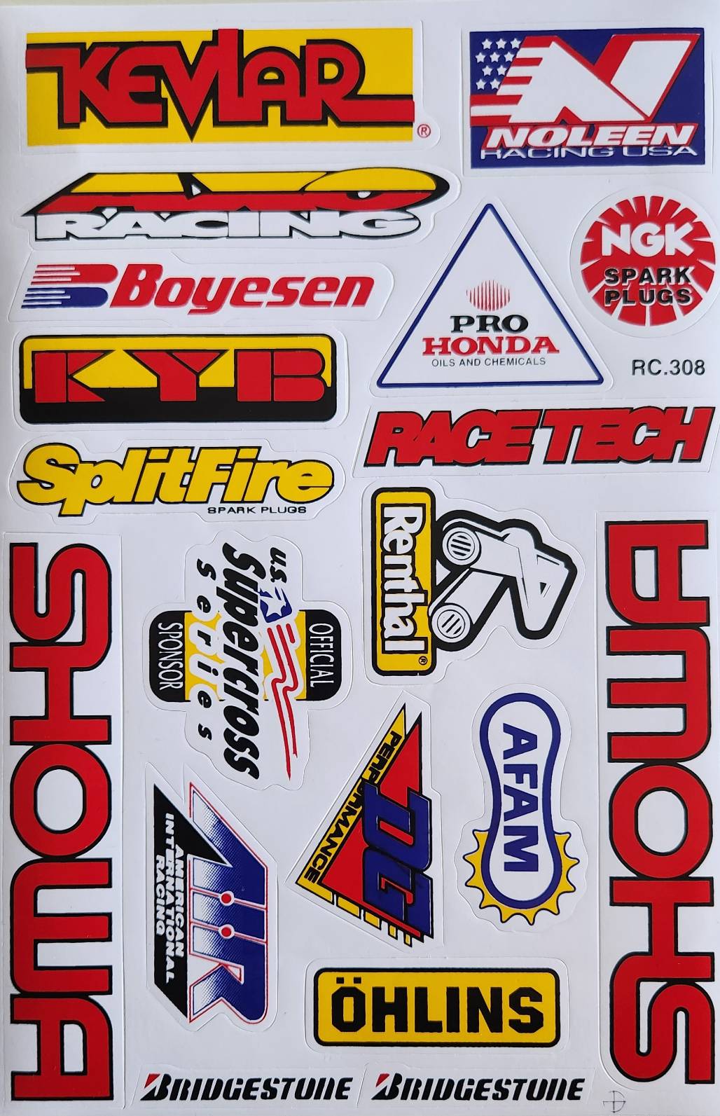 Kevlar Noleen AXO Boyesen KYB SplitFire Showa NGK Pro Honda Race Tech Renthal AFAM Öhlins Sticker Sheet | RC.308