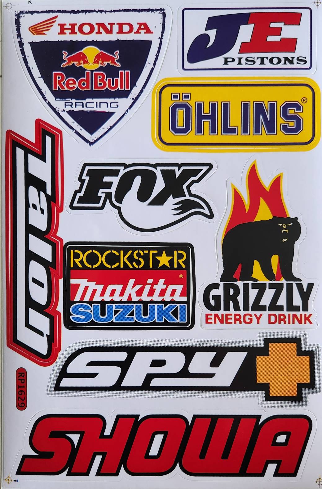 Honda JE Pistons Öhlins Fox Talon Rockstar Makita Suzuki Grizzly SPY+ Showa Sticker Sheet | RP1629