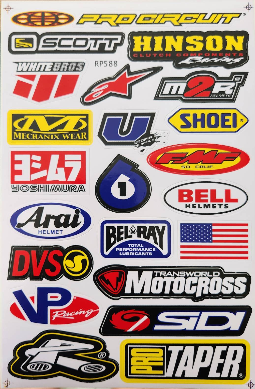 Pro Circuit Scott Hinson White Bros Alpinestars M2R Mechanix Yoshimura FMF Bell Arai Bel-Ray DVS VP Sidi ProTaper Sticker Sheet | RP588