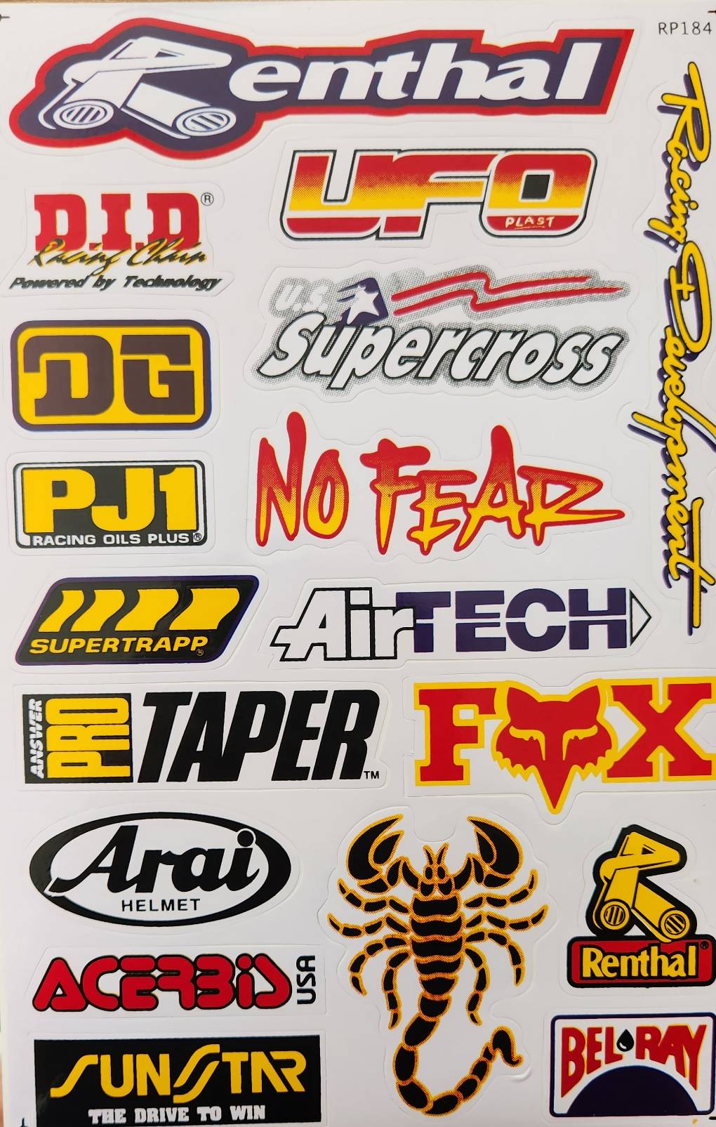 Renthal UFO DID DG PJ1 Supercross No Fear Supertrapp AirTech ProTaper Fox Arai Acerbis Sunstar Bel-Ray Sticker Sheet | RP184