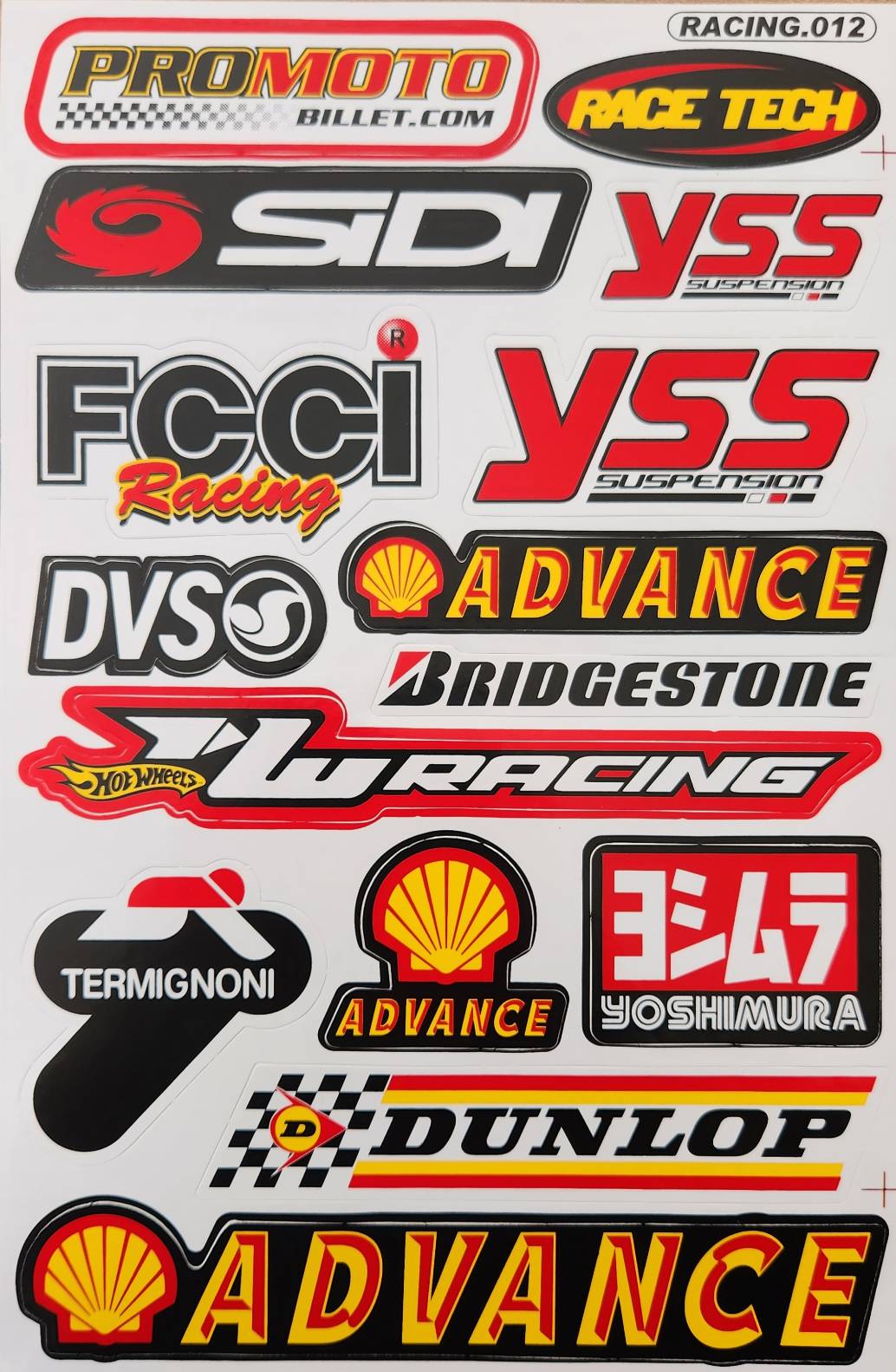 ProMoto Billet Race Tech Sidi YSS FCCI DVS Shell Advance Bridgestone Termignoni Yoshimura Dunlop Sticker Sheet | RACING.012