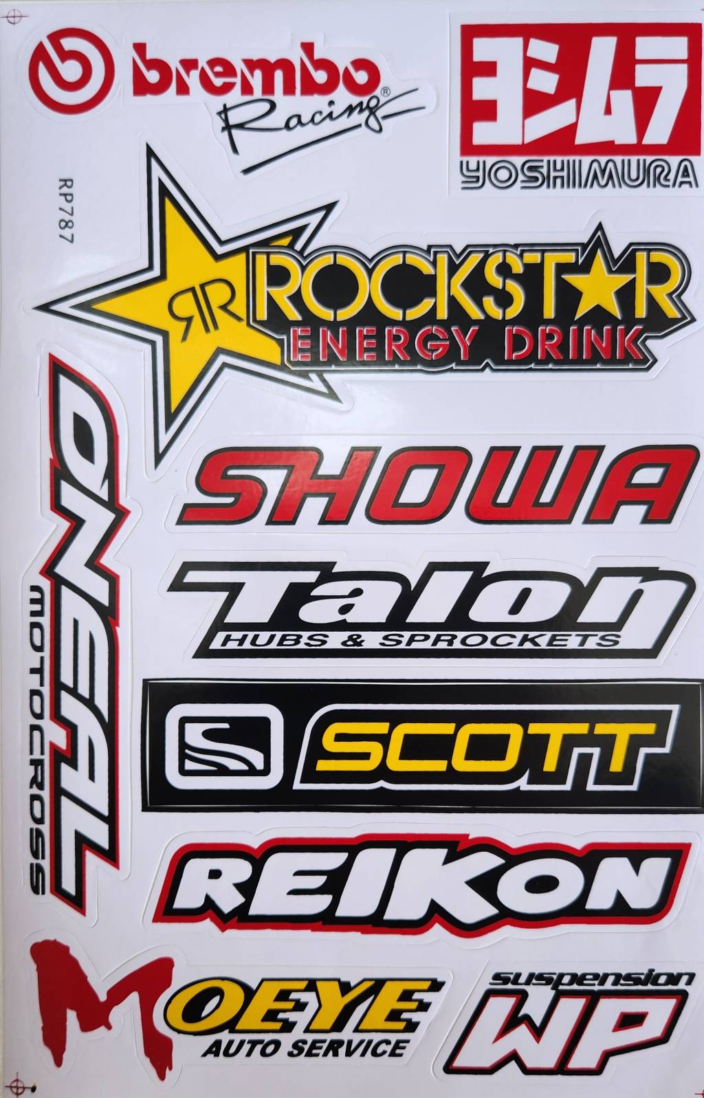 Brembo Yoshimura Rockstar Showa Talon Scott Reikon O'Neal Moeye WP Sticker Sheet | Motocross Decal RP787