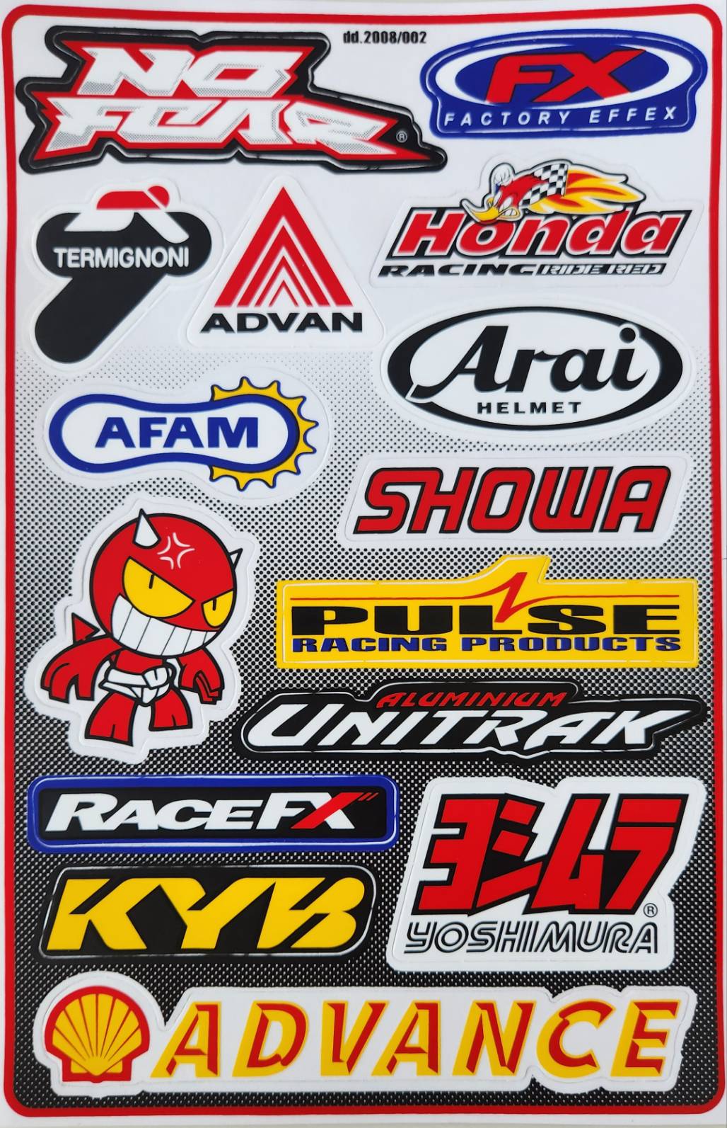 No Fear FX Honda Arai AFAM Showa Pulse Unitrak RaceFX KYB Yoshimura Shell Advance Motocross Sticker Sheet dd2008-002