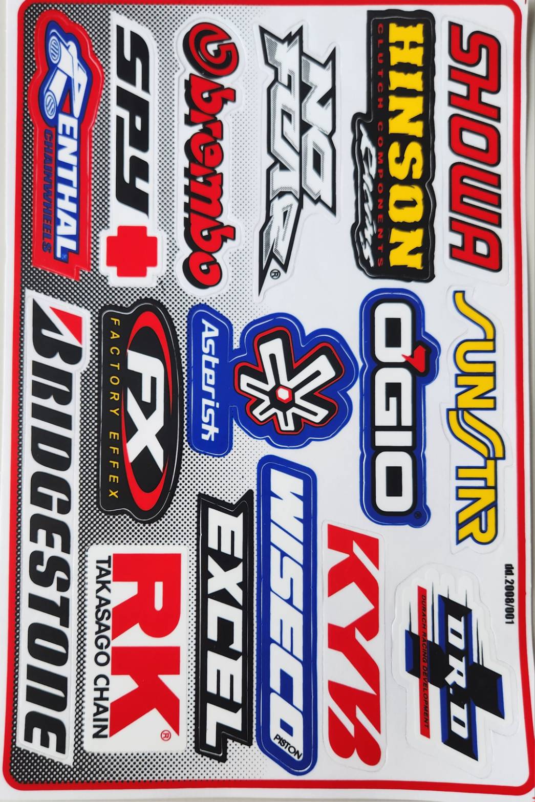 Renthal Brembo No Fear Hinson Showa Bridgestone FX Ogio Sunstar RK Excel Wiseco KYB DRD Motocross Sticker Sheet dd2008-001