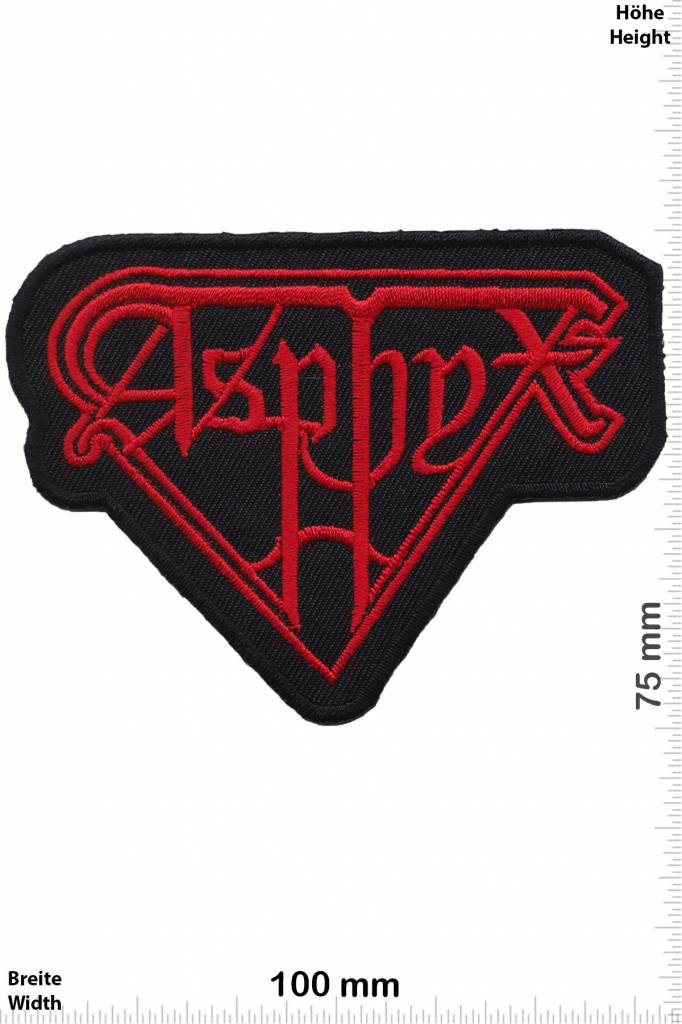 Asphyx Gothic Wordmark Diamond Triangle Die-Cut Embroidered Patch 100x75mm – Red & Black