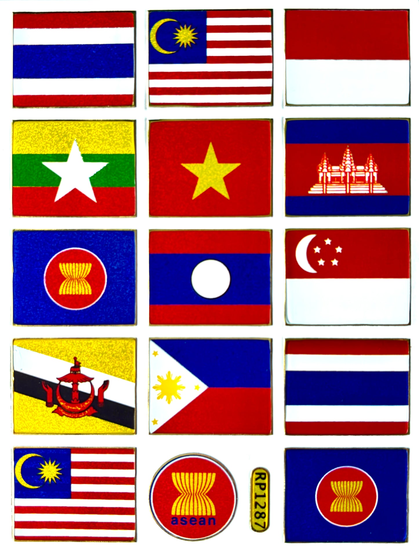 ASEAN Southeast Asia Flag Sticker Sheet 15-Pack | Country Flag Decal RP1287