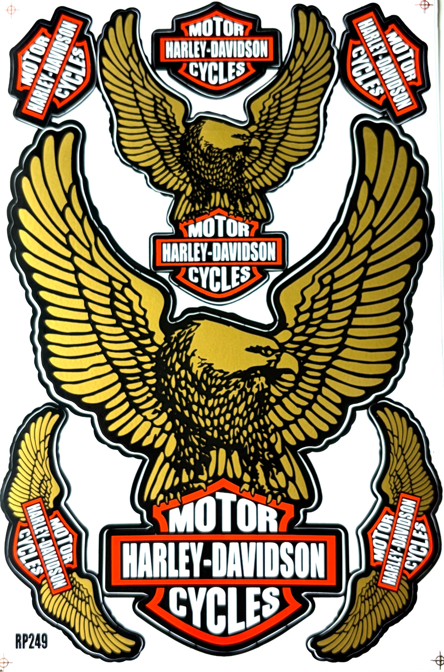 Harley-Davidson Motor Cycles Golden Eagle Bar Shield Sticker Sheet Gold Orange Black RP249