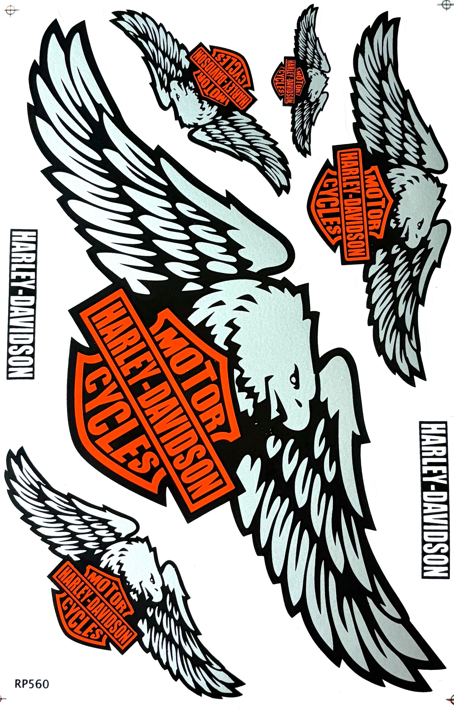 Harley-Davidson Motor Cycles Eagle Wings Bar Shield Sticker Sheet Silver Orange Black RP560