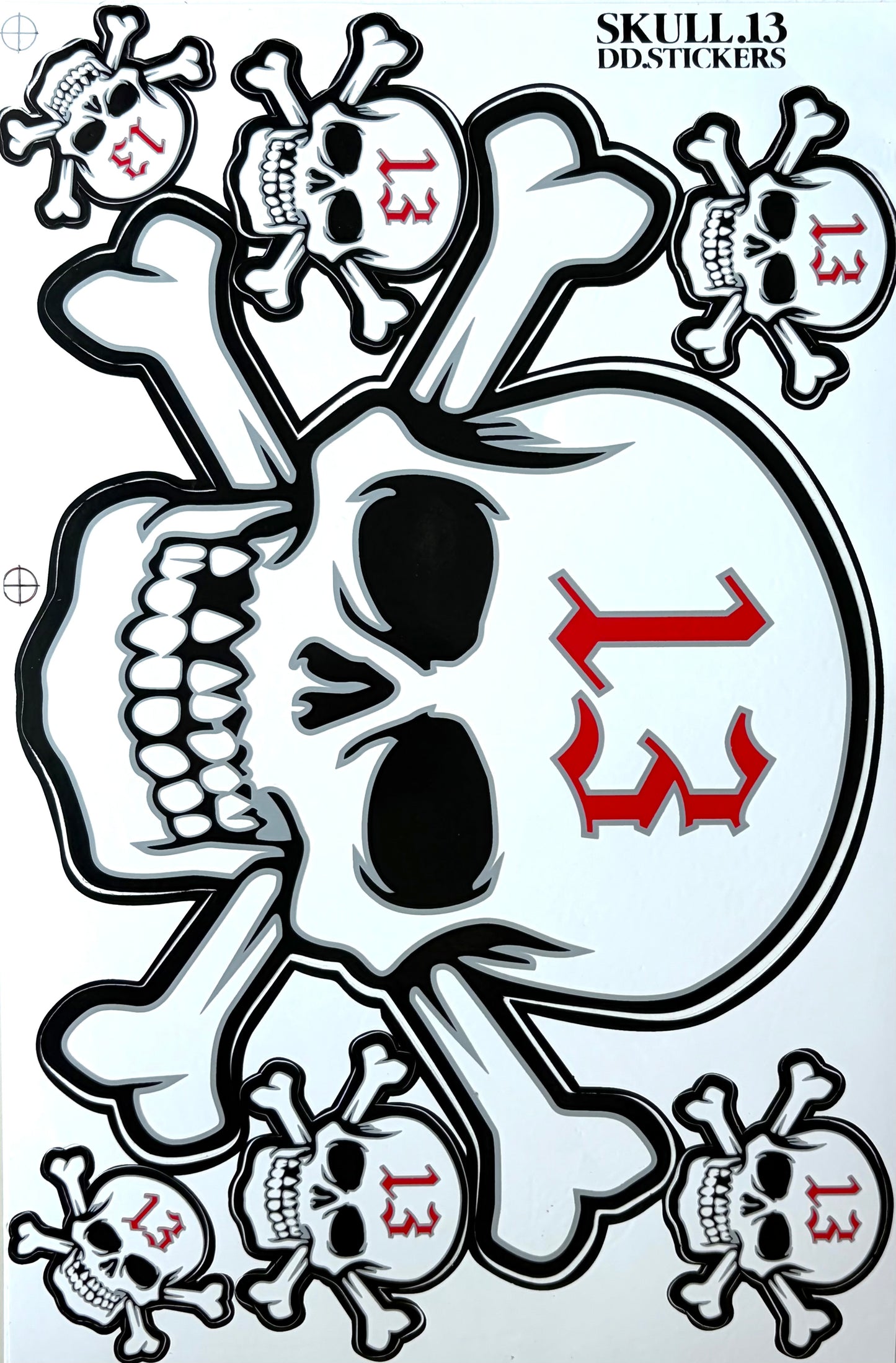 Skull 13 Crossbones Sticker Sheet White Black Red Biker Decal SKULL.13 DD.Stickers