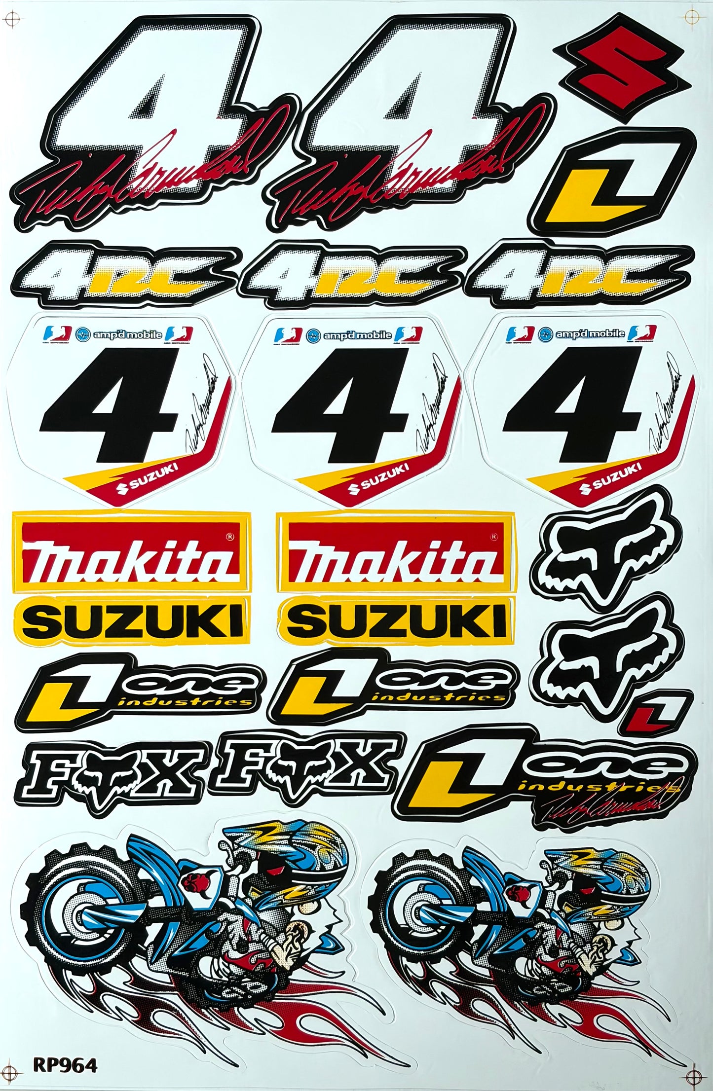 Ricky Carmichael #44 Suzuki Fox Racing One Industries Sticker Sheet FMX Biker Decal RP964