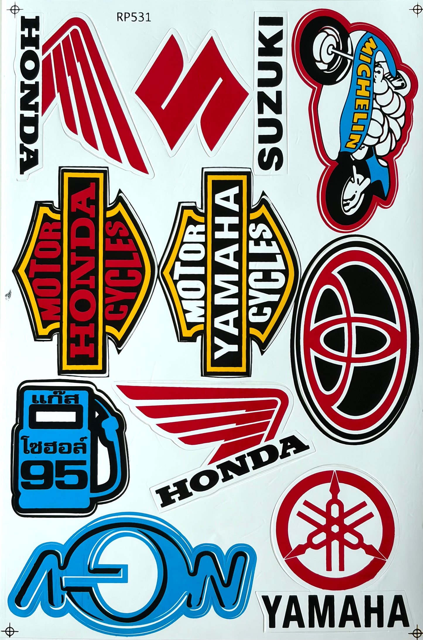 Honda Yamaha Suzuki Multi Brand Motorcycle Sticker Sheet Red Blue Yellow RP531