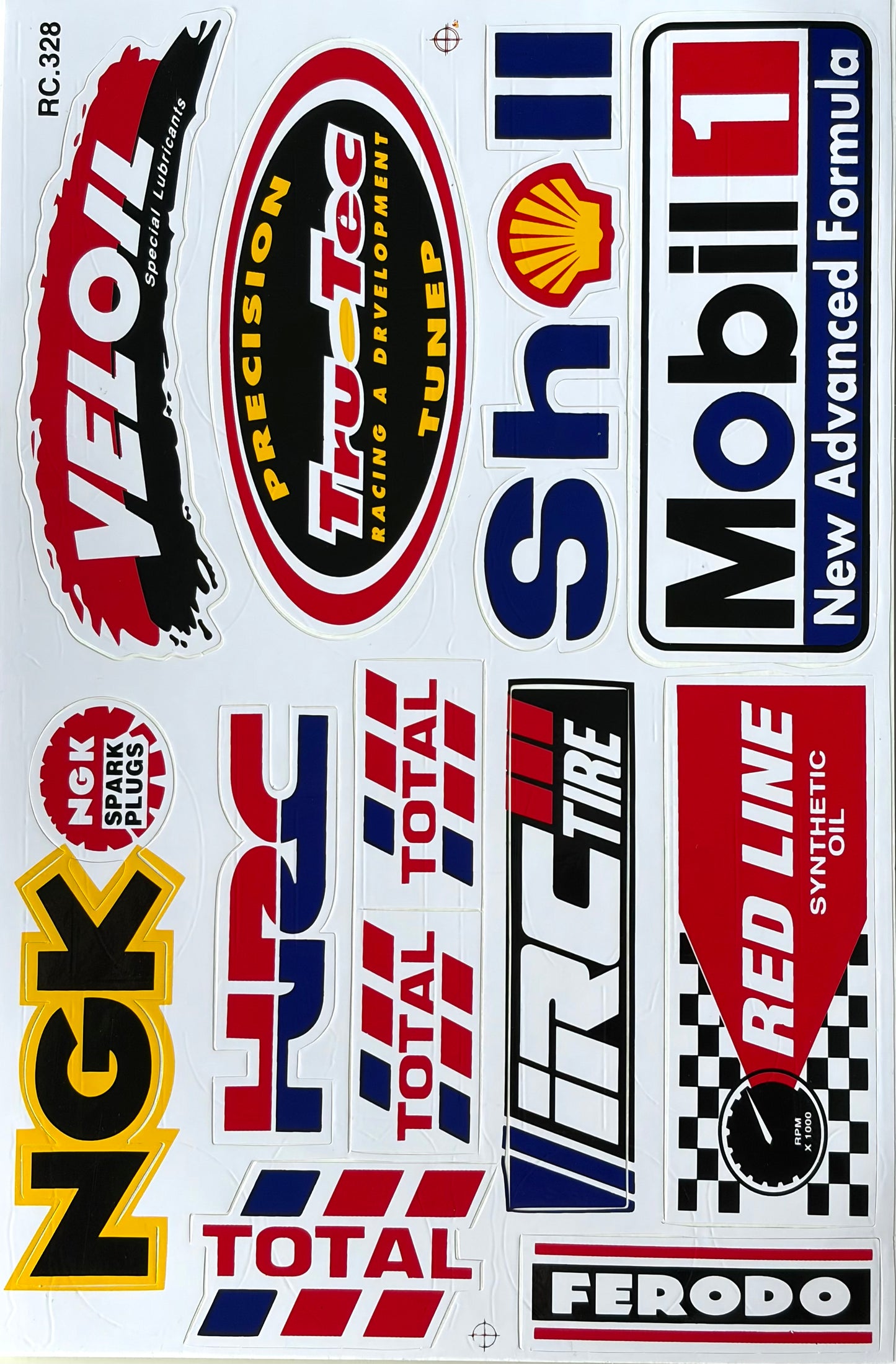 Shell Mobil 1 NGK HRC Total IRC Tire Red Line Ferodo Veloil Oil Sticker Sheet Red Blue RC.328