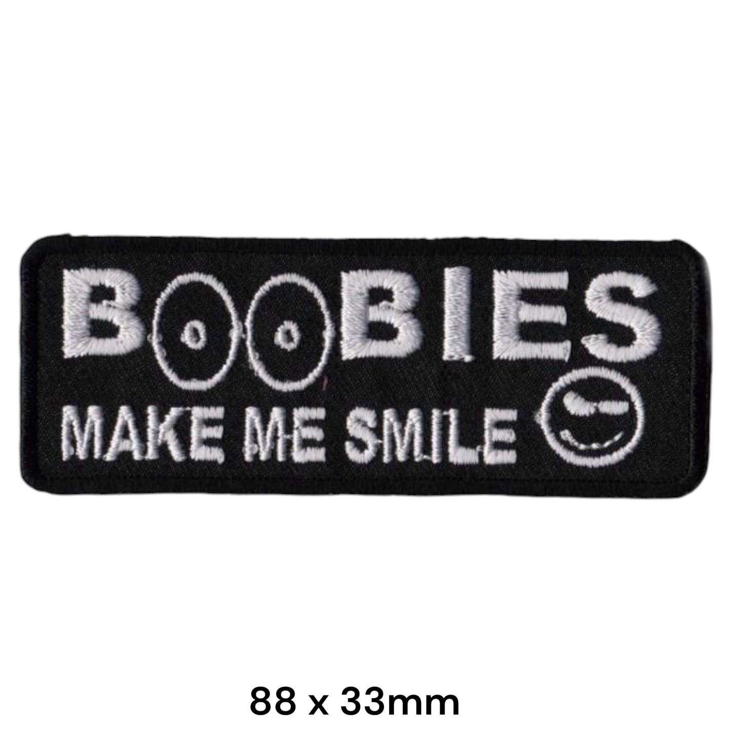 Boobies Make Me Smile Embroidered Patch Iron-On Sew-On Funny Biker Badge