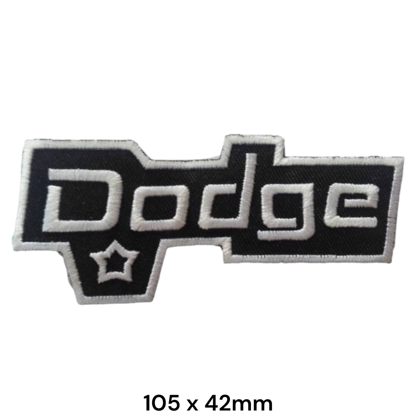 Dodge Logo Embroidered Patch 105x42mm – black badge shape with white Dodge script lettering and white star outline detail