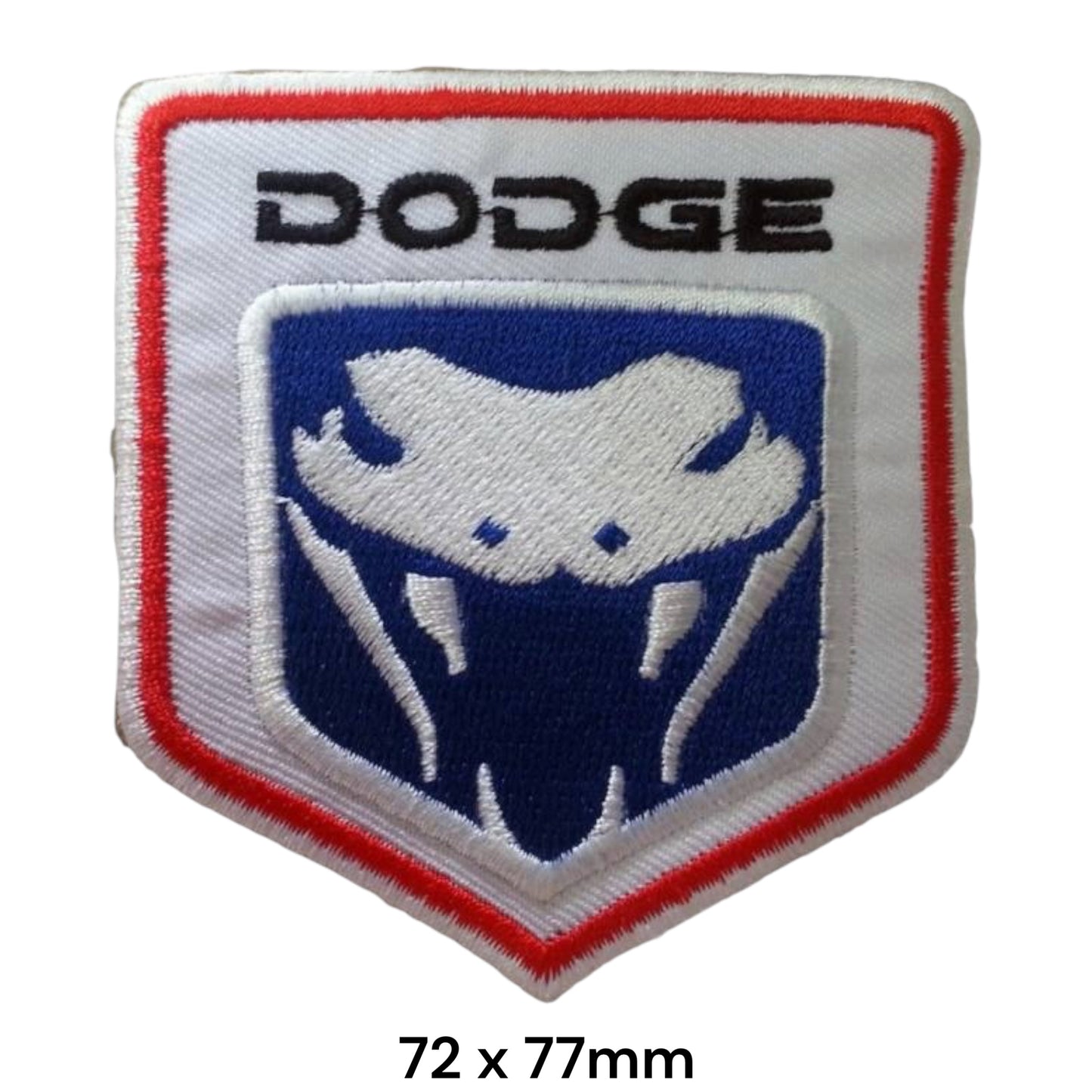Dodge Viper Shield Embroidered Patch 72x77mm – white shield with black Dodge lettering, red border and white Viper snake head on blue background