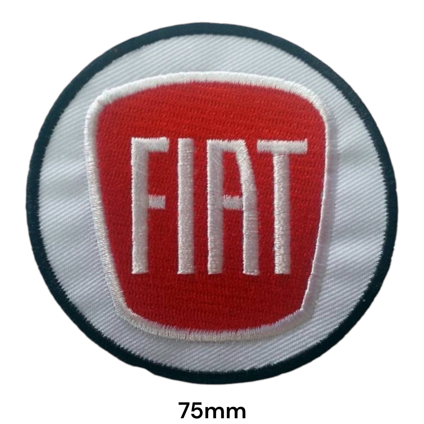 Fiat Modern Shield Logo Embroidered Patch 75mm – round white background with red Fiat shield logo and white FIAT lettering