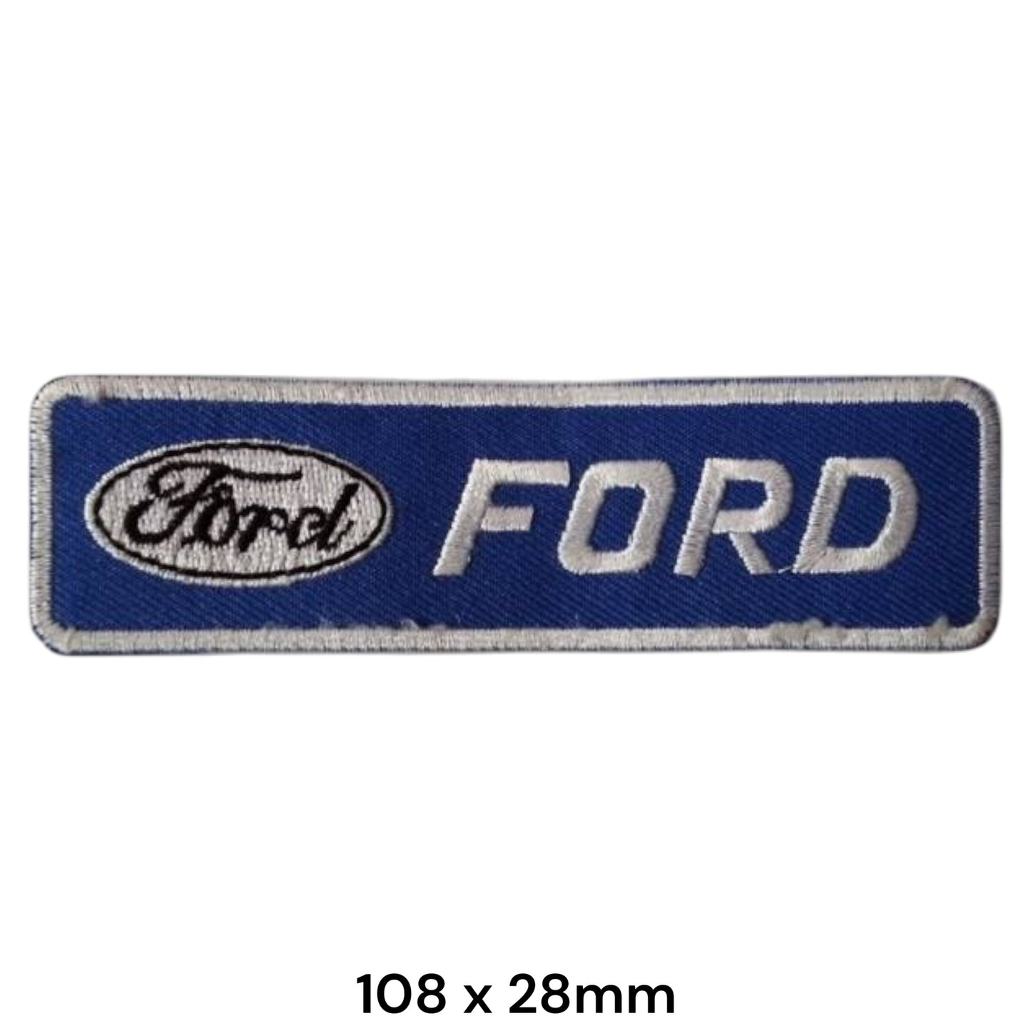Ford Strip Logo Embroidered Patch 108x28mm – rectangular blue badge with white Ford oval script logo and bold white FORD block lettering