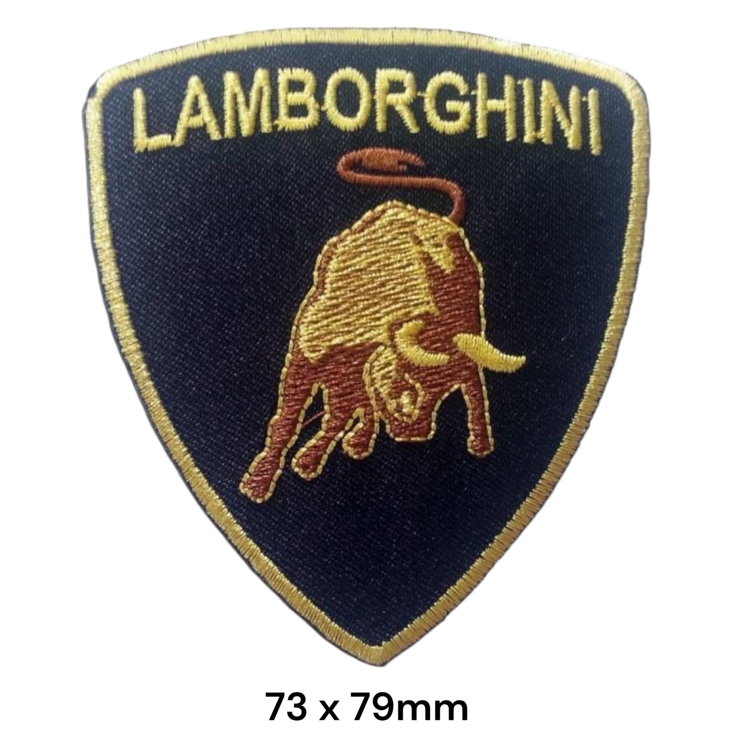 Lamborghini Bull Shield Embroidered Patch 73x79mm – navy shield with gold Lamborghini lettering and gold & brown charging bull emblem