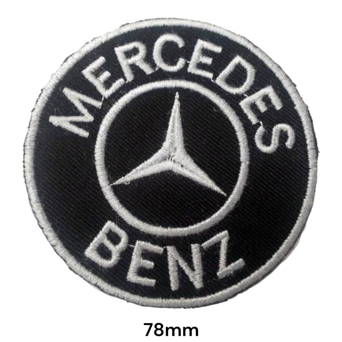 Mercedes-Benz Star Round Black & Silver Embroidered Patch 78mm – round black badge with silver Mercedes & Benz lettering, three-pointed star in circle and silver border