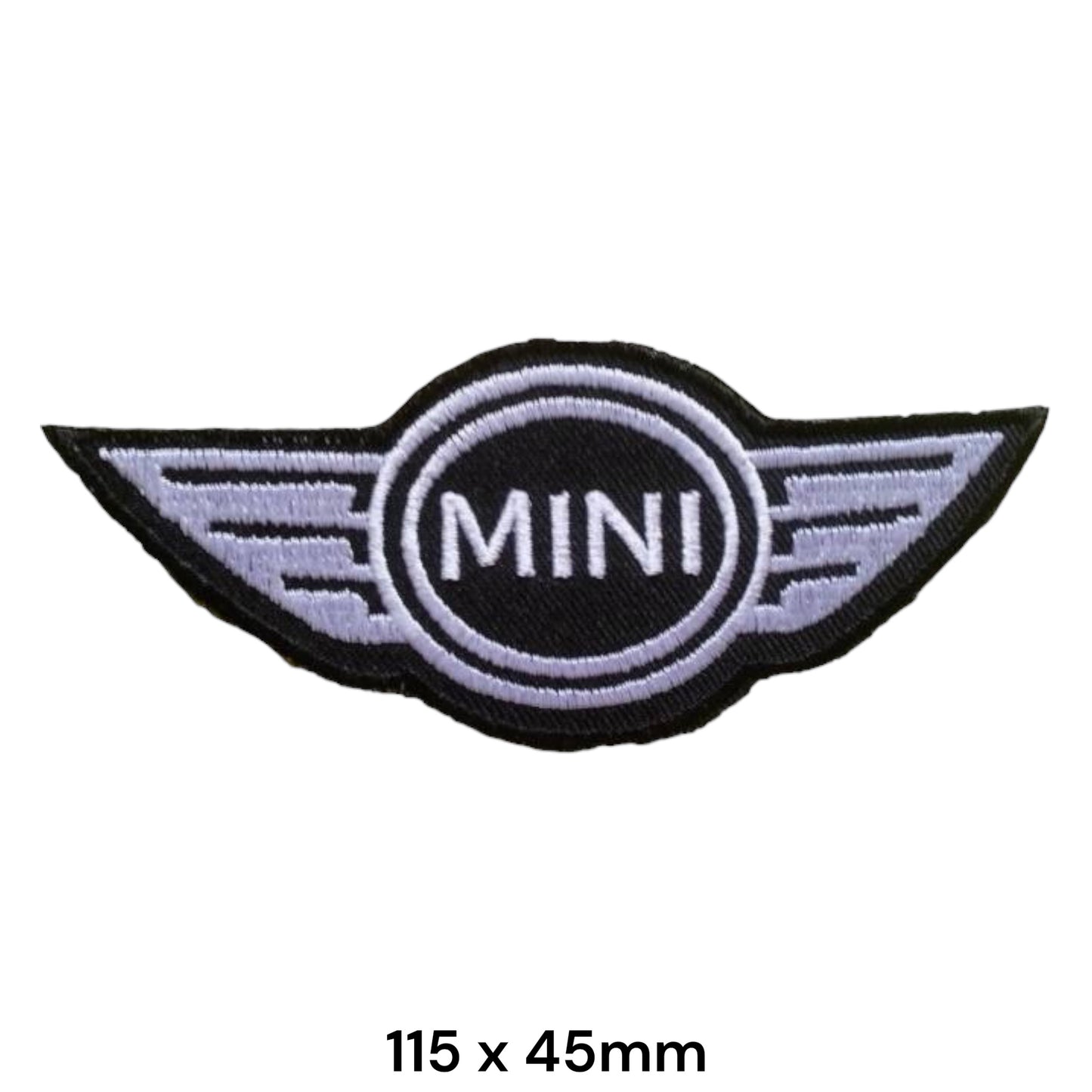Mini Cooper Wings Logo Embroidered Patch 115x45mm – black wings badge with white MINI circle logo, silver wings detail and black outline