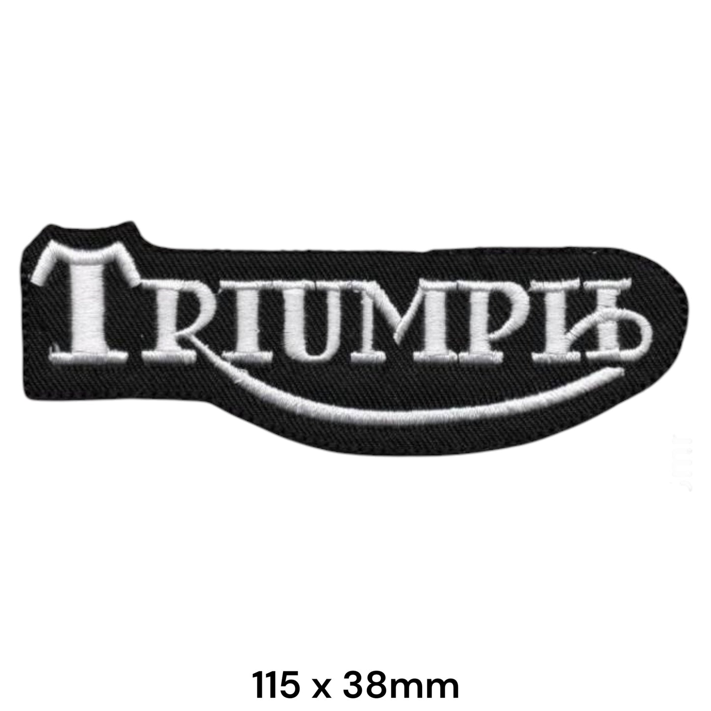 Triumph Motorcycles Logo Embroidered Patch 115x38mm – shaped black tank-badge silhouette with bold white Triumph serif lettering and white swoosh underline