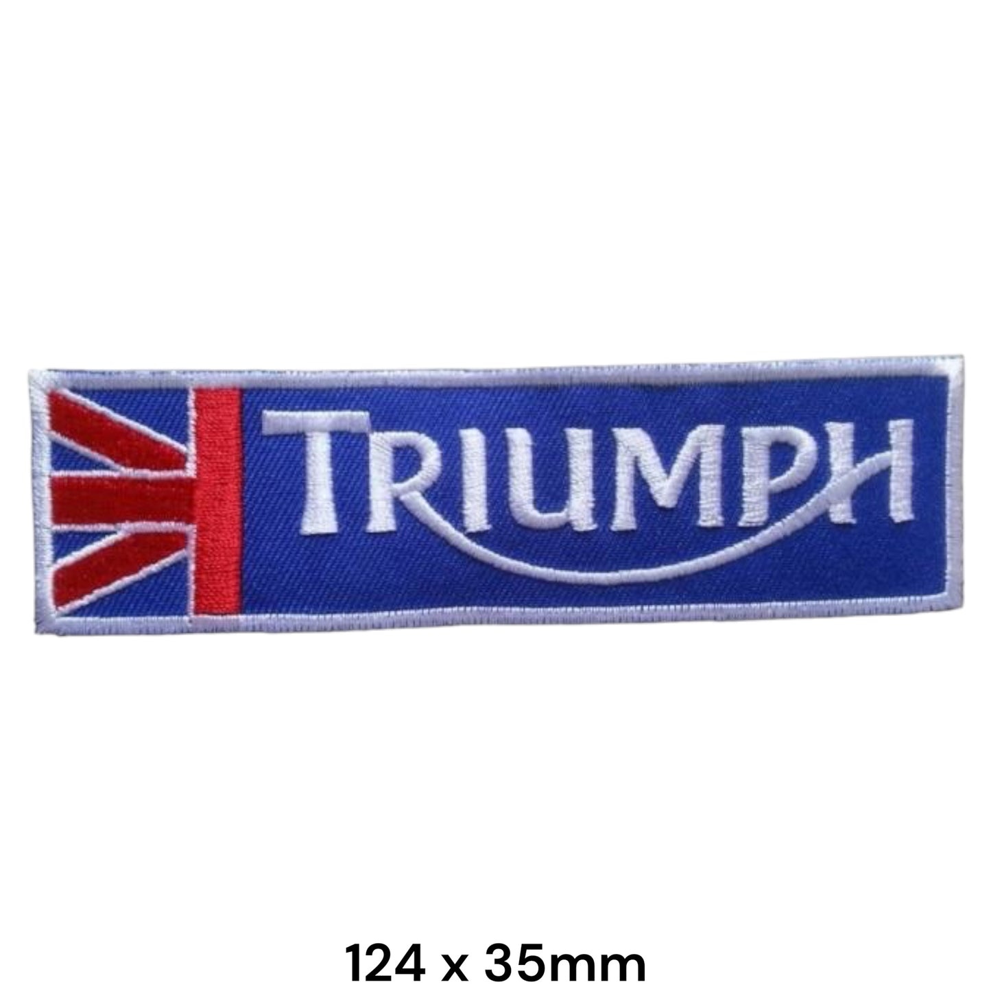 Triumph Union Jack Strip Embroidered Patch 124x35mm – royal blue rectangular badge with Union Jack section, red vertical divider, white Triumph serif lettering and white swoosh underline