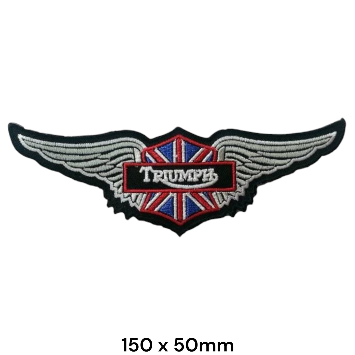 Triumph Union Jack Wings Embroidered Patch 150x50mm – silver feathered wings with central Union Jack hexagonal shield and black banner with white Triumph serif lettering