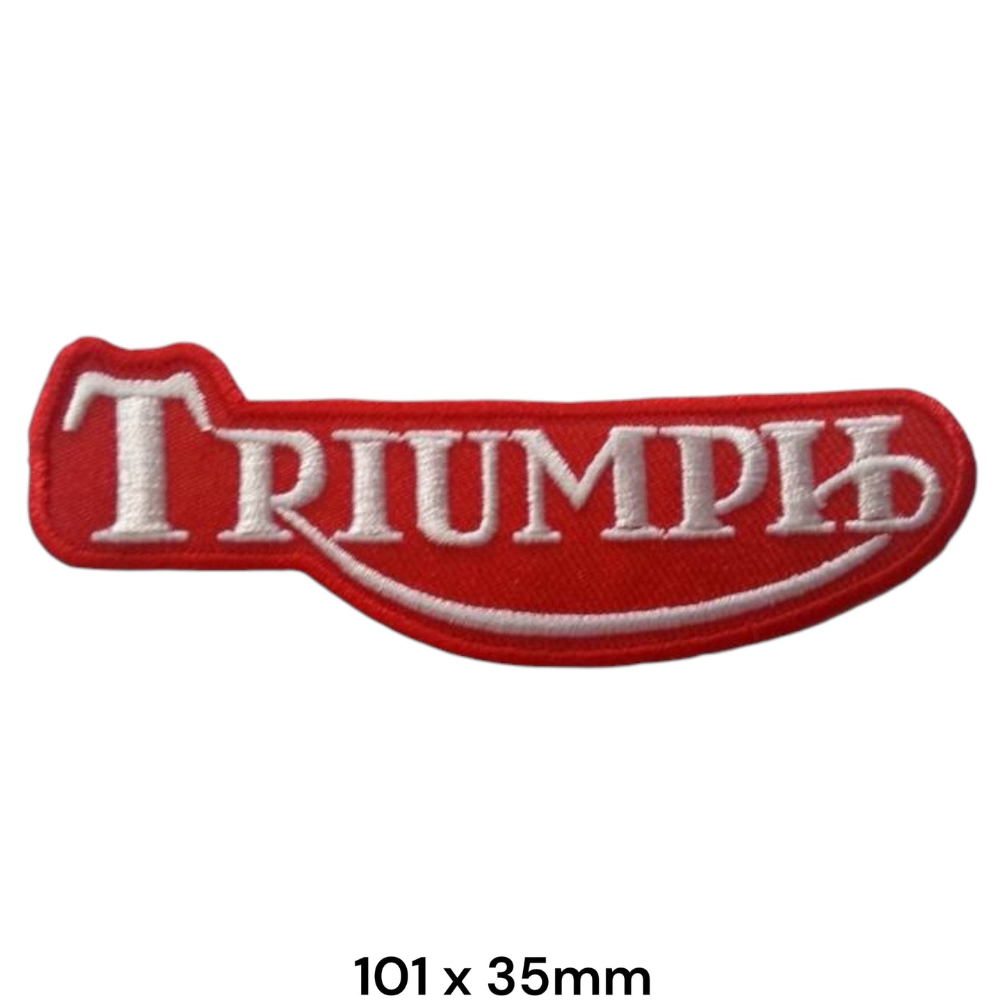 Triumph Red Tank Badge Embroidered Patch 101x35mm – shaped red tank-badge silhouette with bold white Triumph serif lettering and white swoosh underline