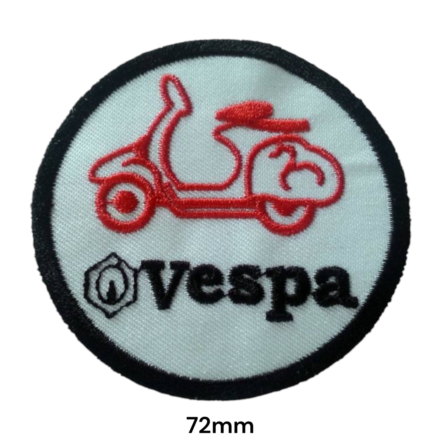 Vespa Scooter Round Embroidered Patch 72mm – White, Red & Black
