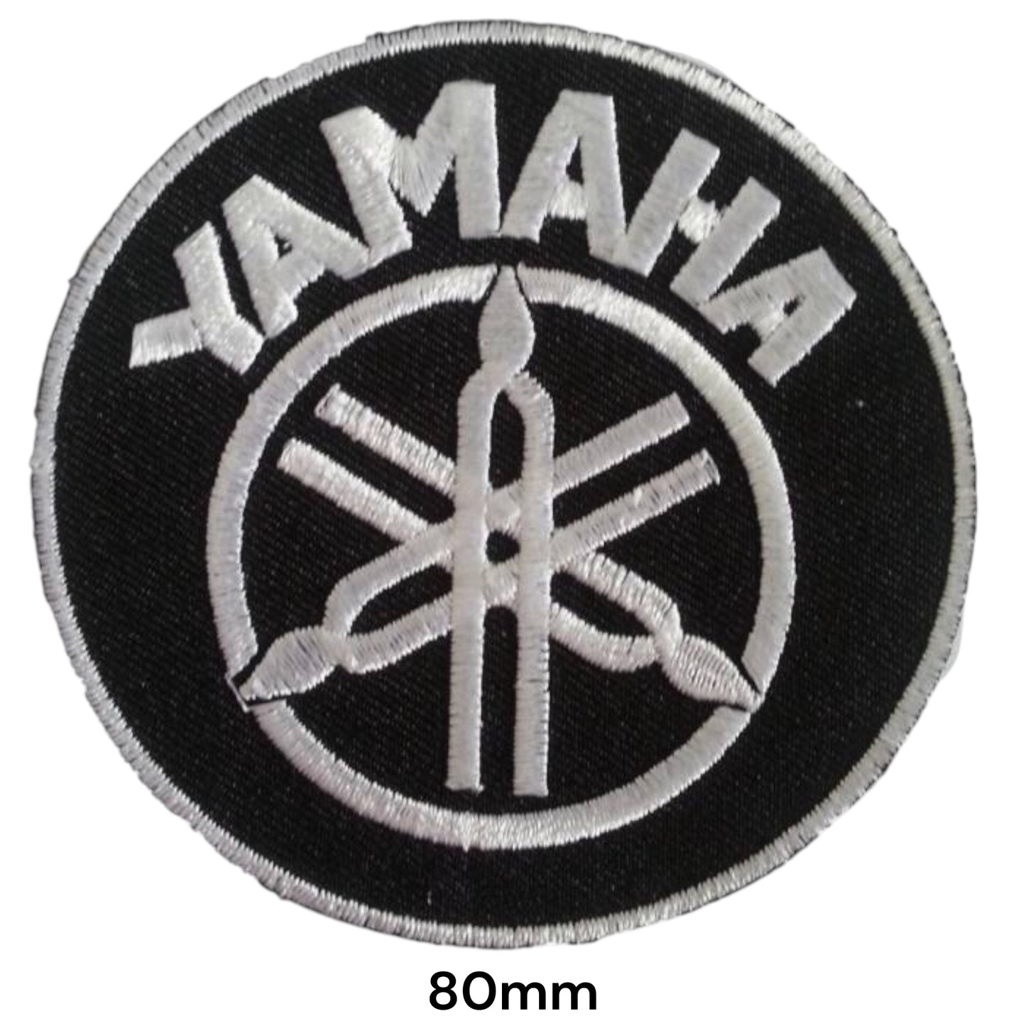 Yamaha Wordmark Round Embroidered Patch 80mm – Black & Silver-White