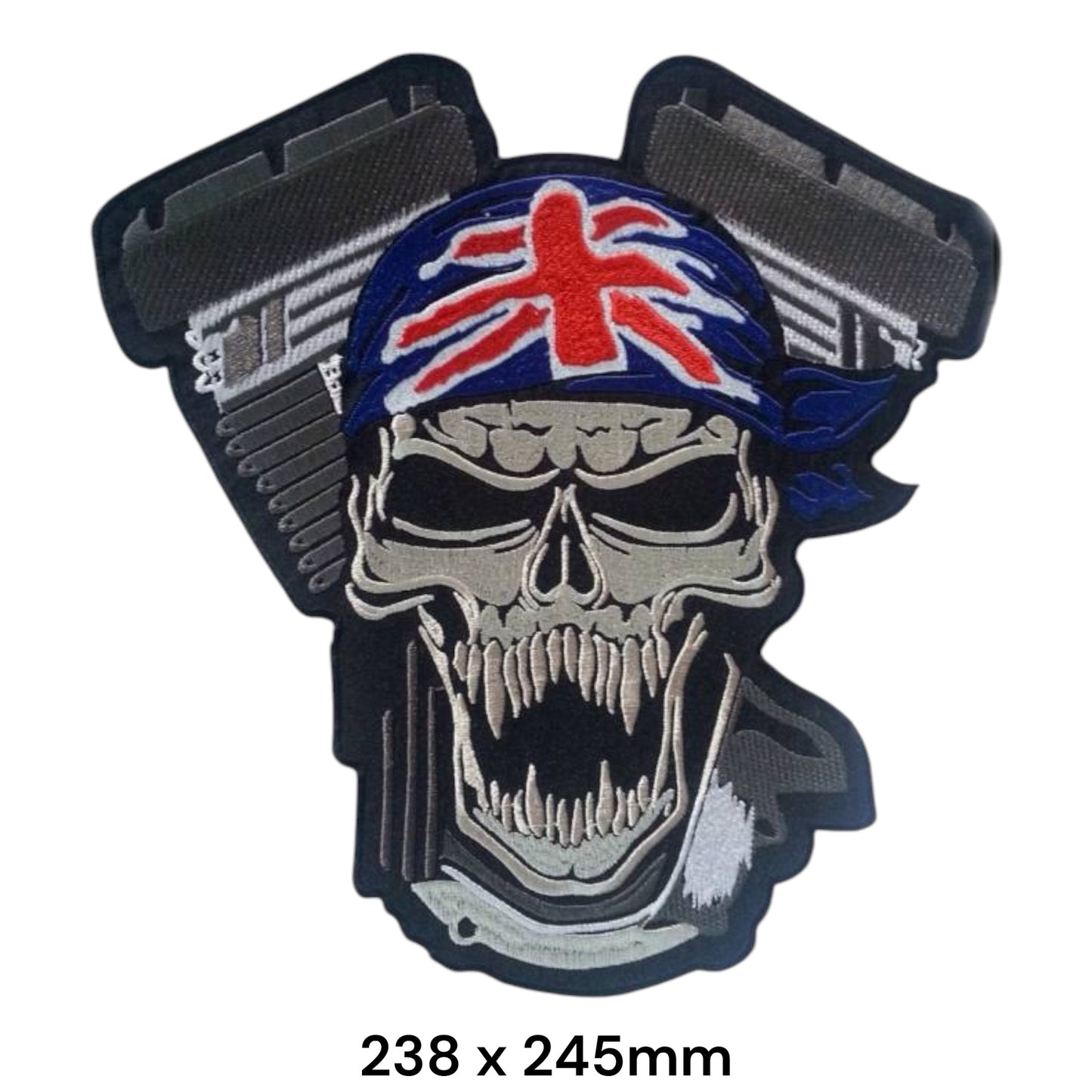 V-Twin Engine Skull Union Jack Large Back Patch 238x245mm – Black, Grey, White, Blue & Red