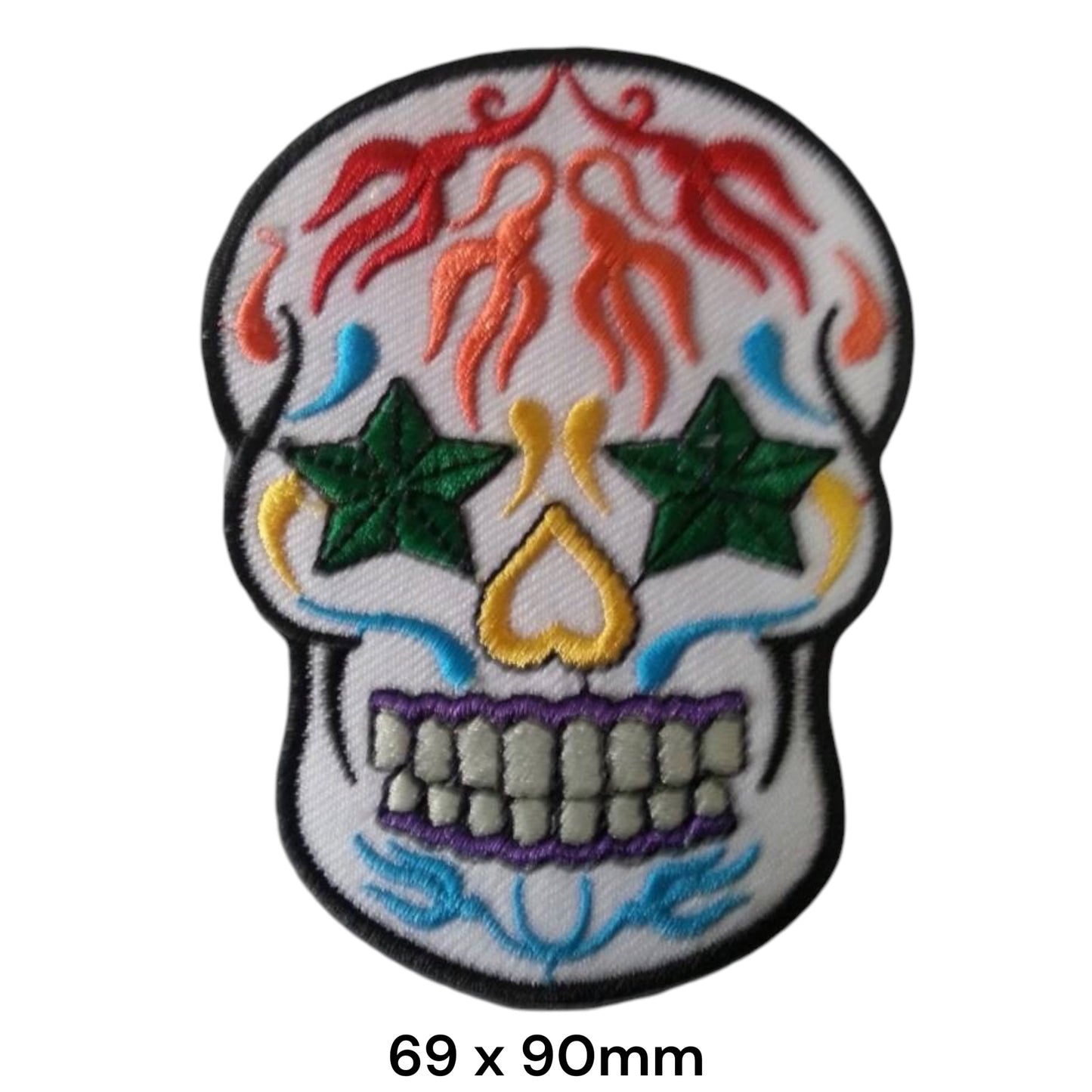 Sugar Skull White Flame Star Eyes Embroidered Patch 69x90mm – White, Red, Orange, Green & Yellow