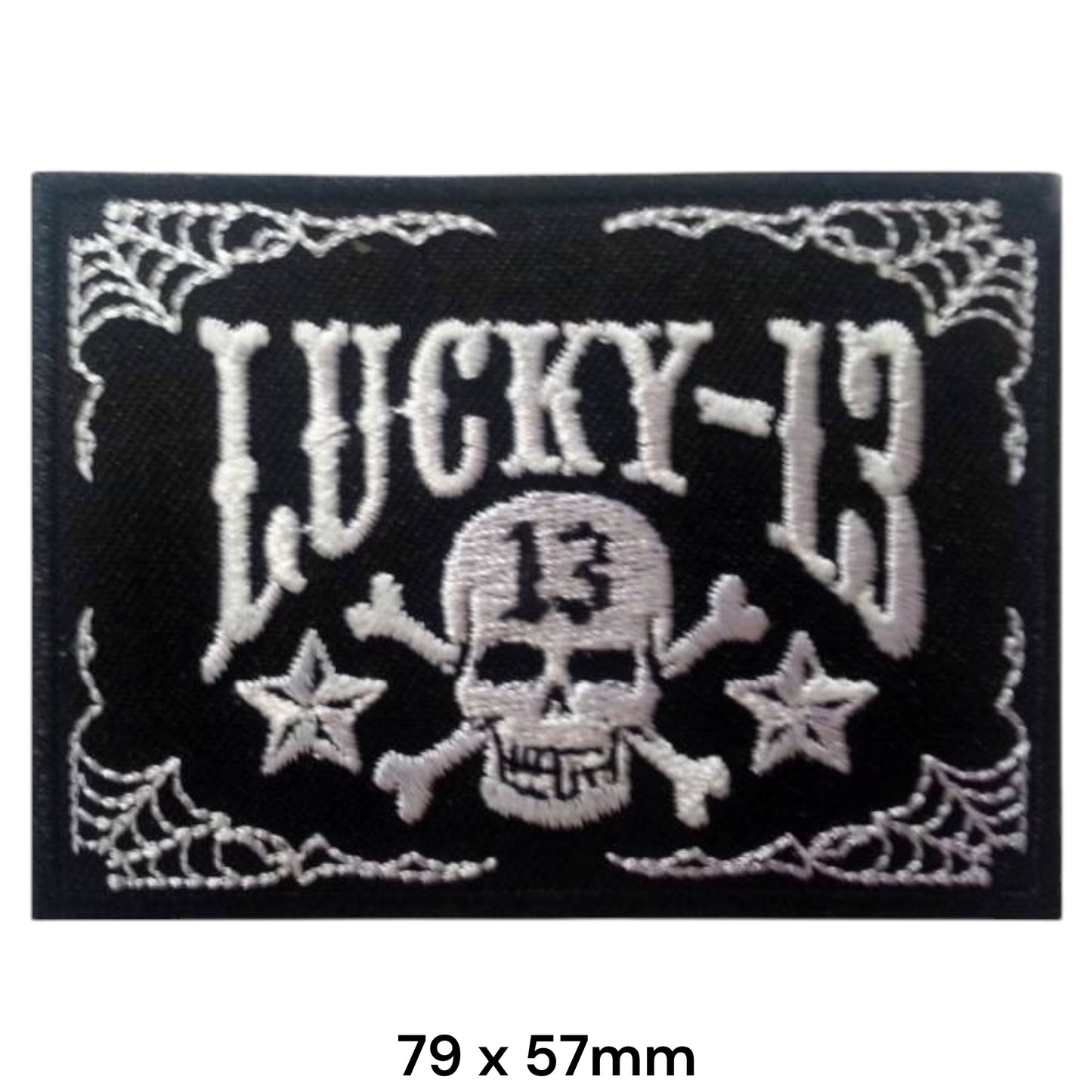 Lucky 13 Skull Crossbones Spiderweb Embroidered Patch 79x57mm – Black & White
