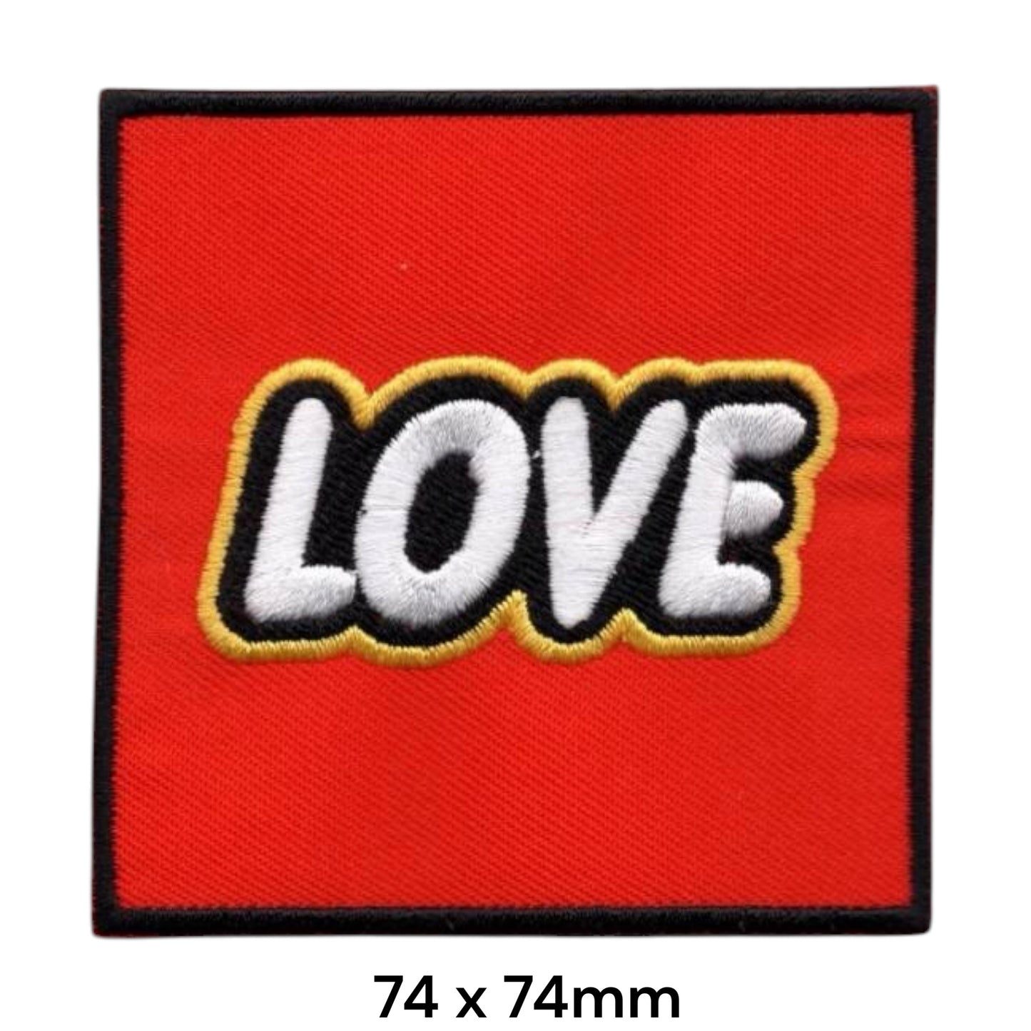 LOVE Lego Style Parody Embroidered Patch 74x74mm – Red, White, Black & Yellow