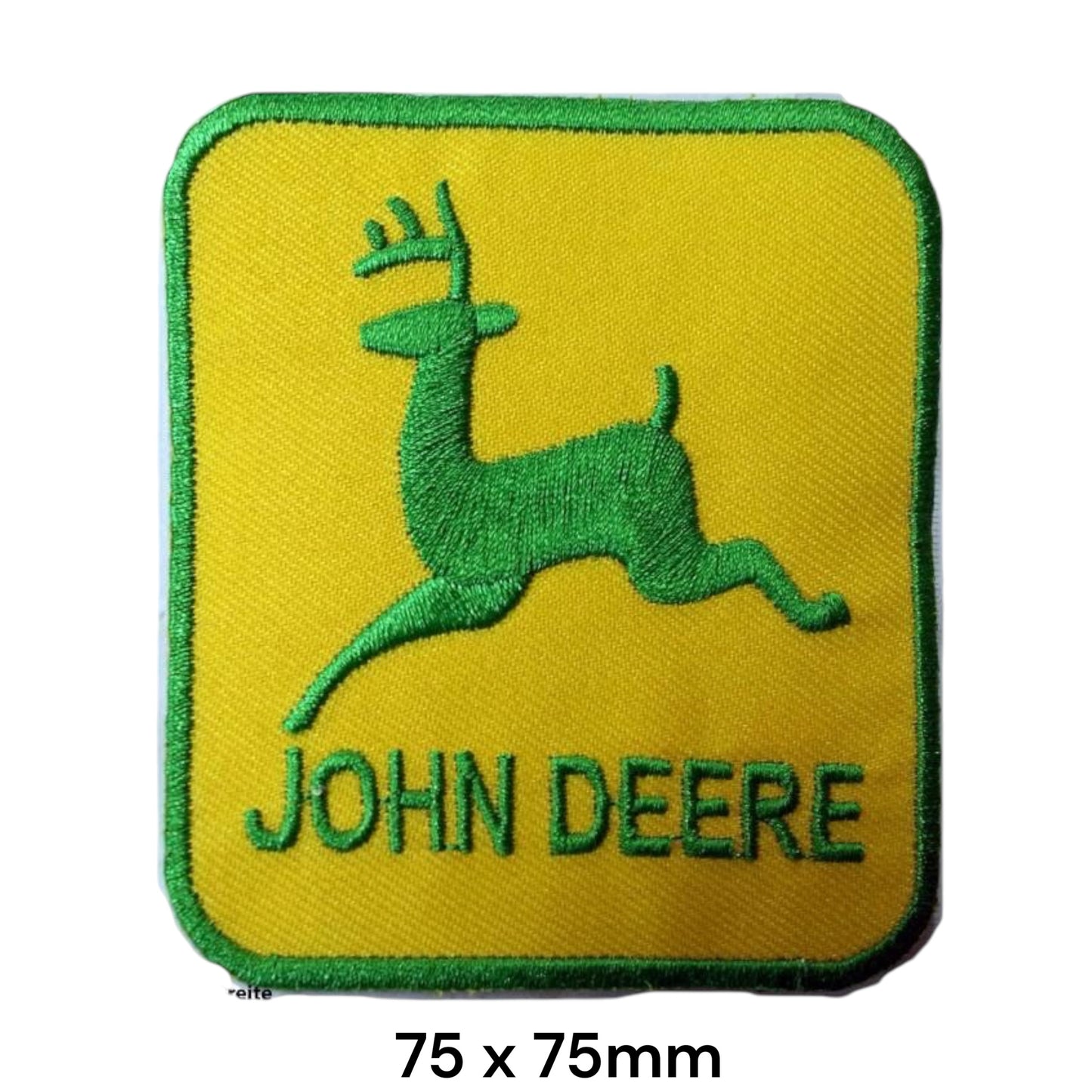 John Deere Leaping Deer Logo Embroidered Patch 75x75mm – Yellow & Green