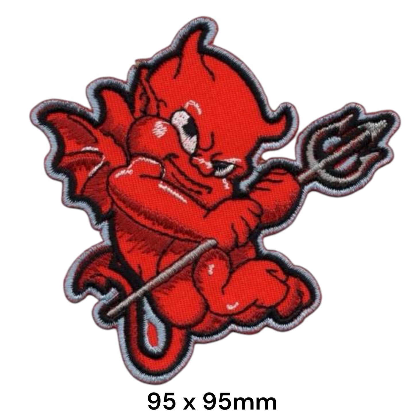 Little Devil Chibi Trident Embroidered Patch 95x95mm – Red, Black & Silver
