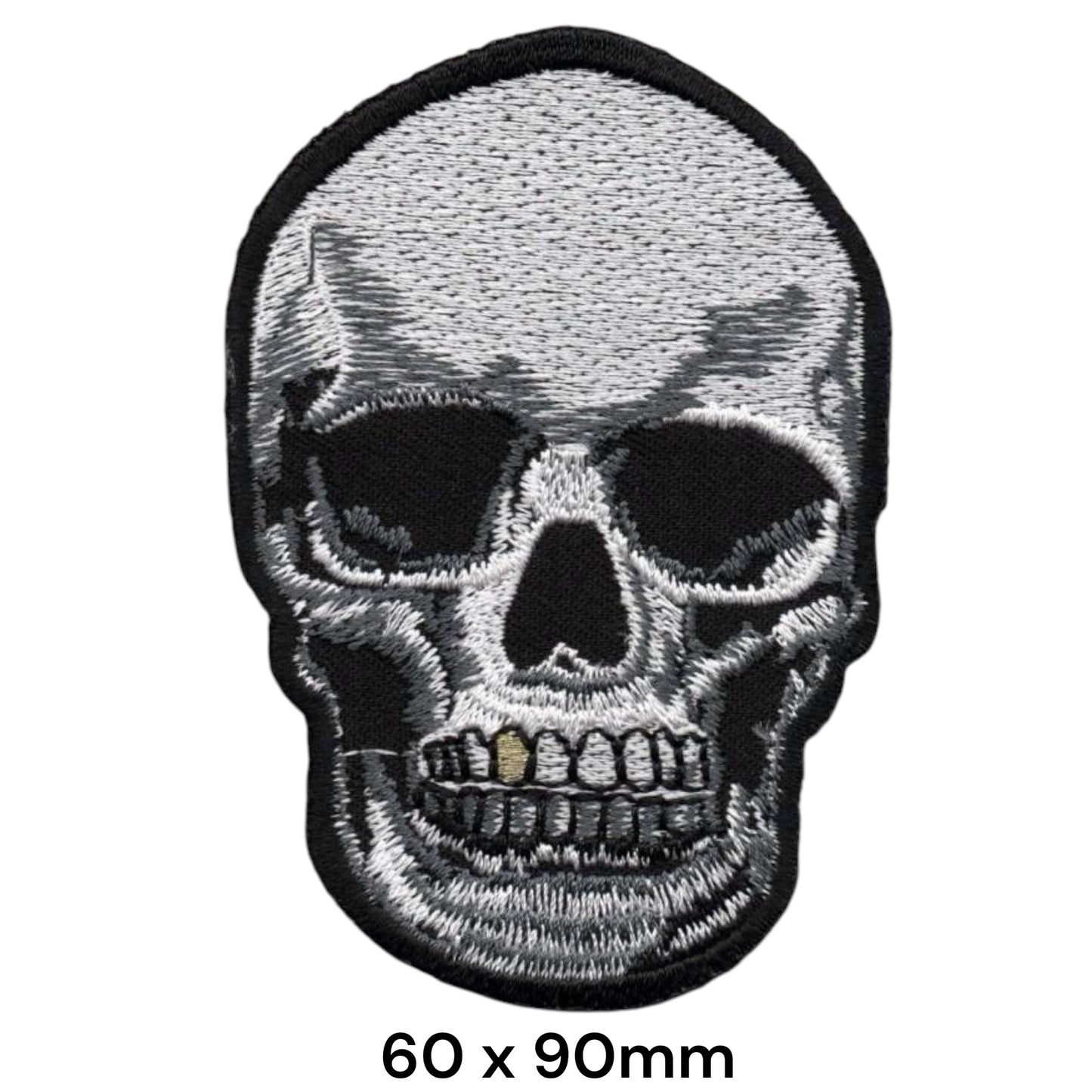 Skull Gold Tooth Front View Embroidered Patch 60x90mm – Grey, Black & Gold