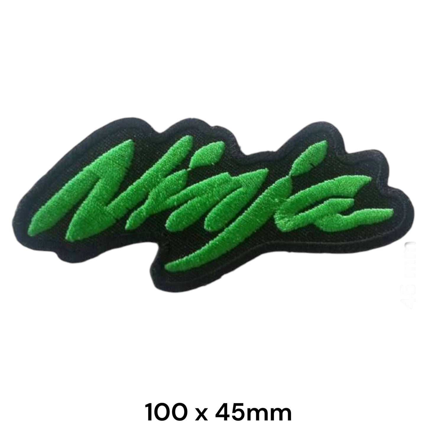 Kawasaki Ninja Script Logo Embroidered Patch 100x45mm – Black & Green