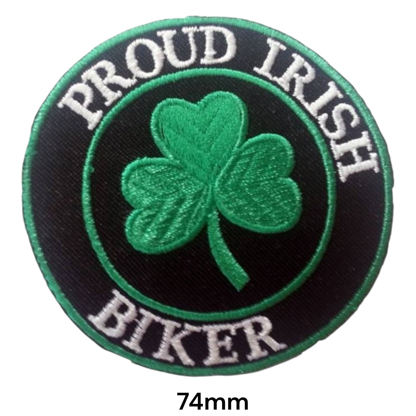 Proud Irish Biker Shamrock Round Embroidered Patch 74mm – Black, Green & White