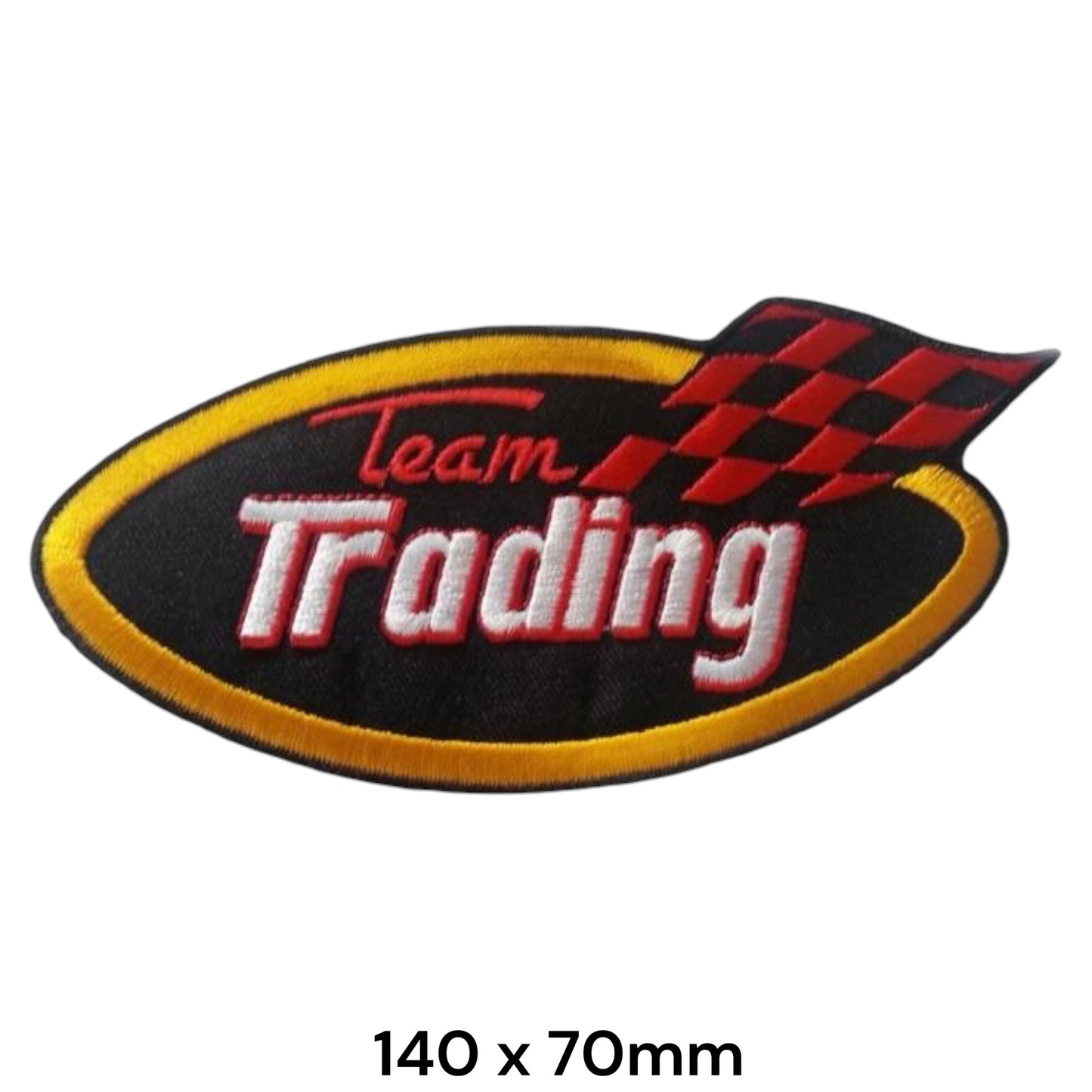 Team Trading Racing Checkered Flag Oval Embroidered Patch 140x70mm – Black, Gold, Red & White
