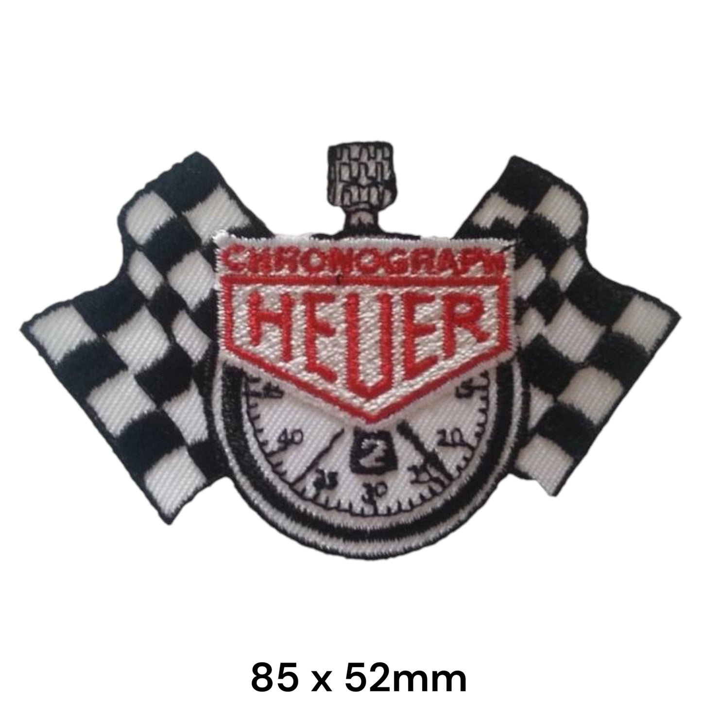 Heuer Chronograph Stopwatch Checkered Flag Embroidered Patch 85x52mm – Black, White & Red