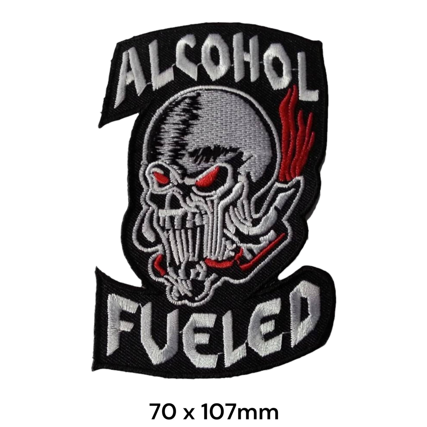 Alcohol Fueled Demon Skull Die-Cut Embroidered Patch 70x107mm – Black, Silver/Grey & Red