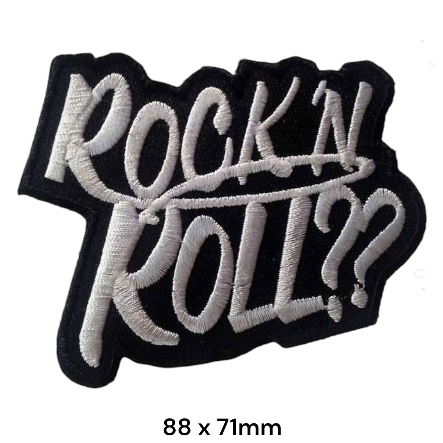 Rock'N Roll?? Graffiti Slogan Die-Cut Embroidered Patch 88x71mm – Black & White/Silver