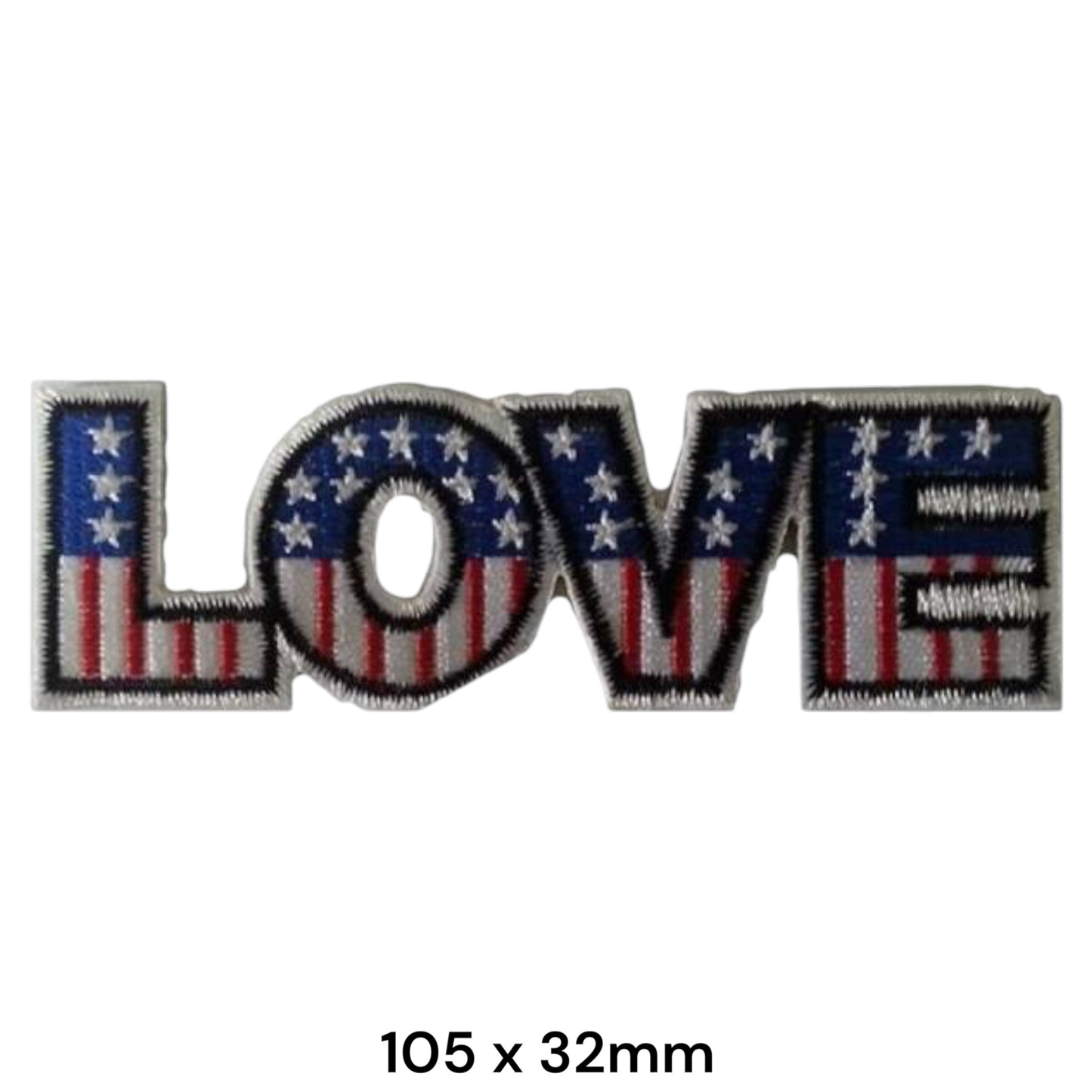 LOVE American Flag Die-Cut Lettering Embroidered Patch 105x32mm – Blue, Red, White & Silver/Black
