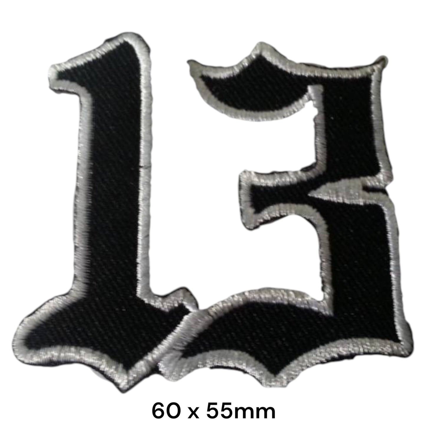 Lucky 13 Old English Gothic Die-Cut Embroidered Patch 60x55mm – Black & Silver/White