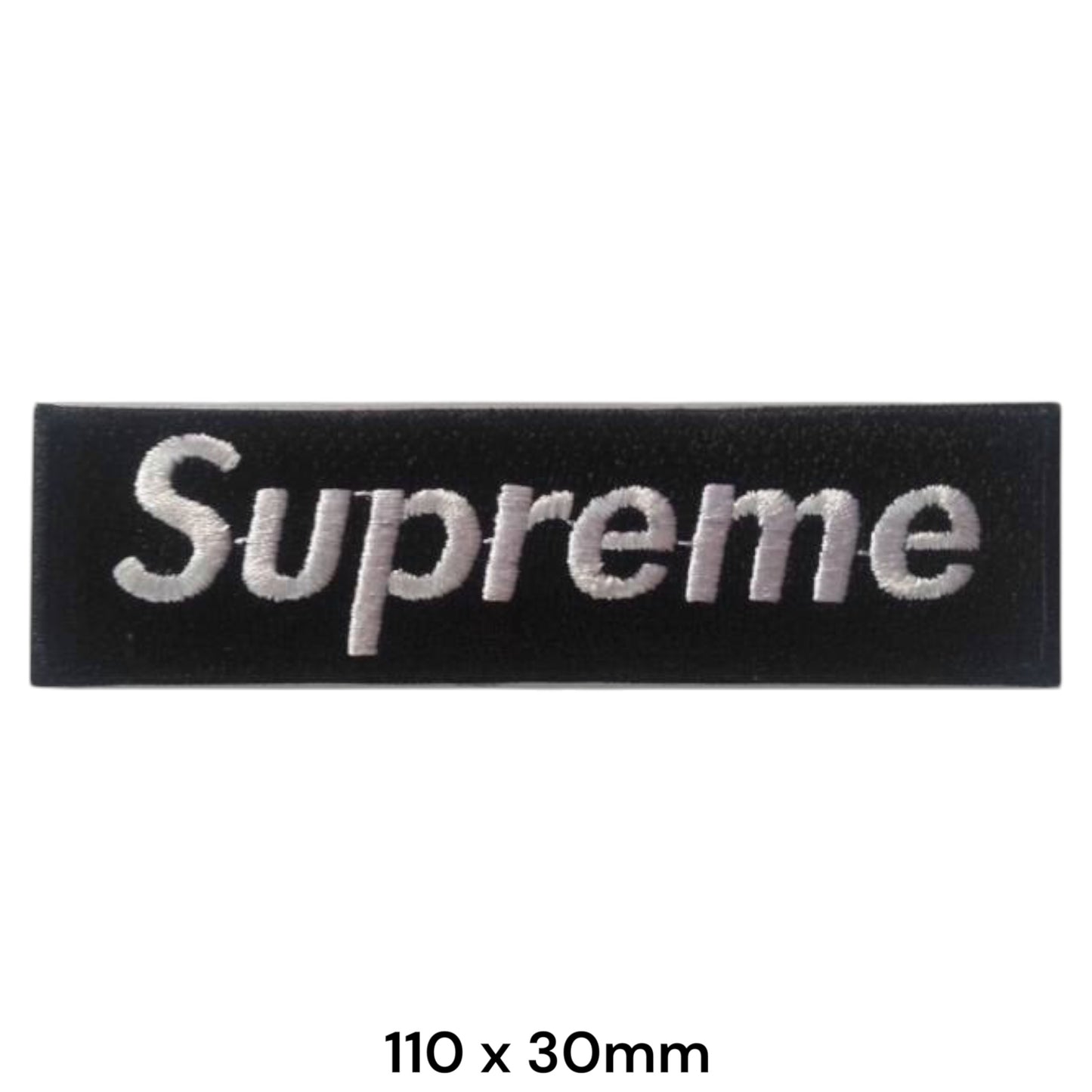Supreme Box Logo Rectangular Embroidered Patch 110x30mm – Black & White/Silver