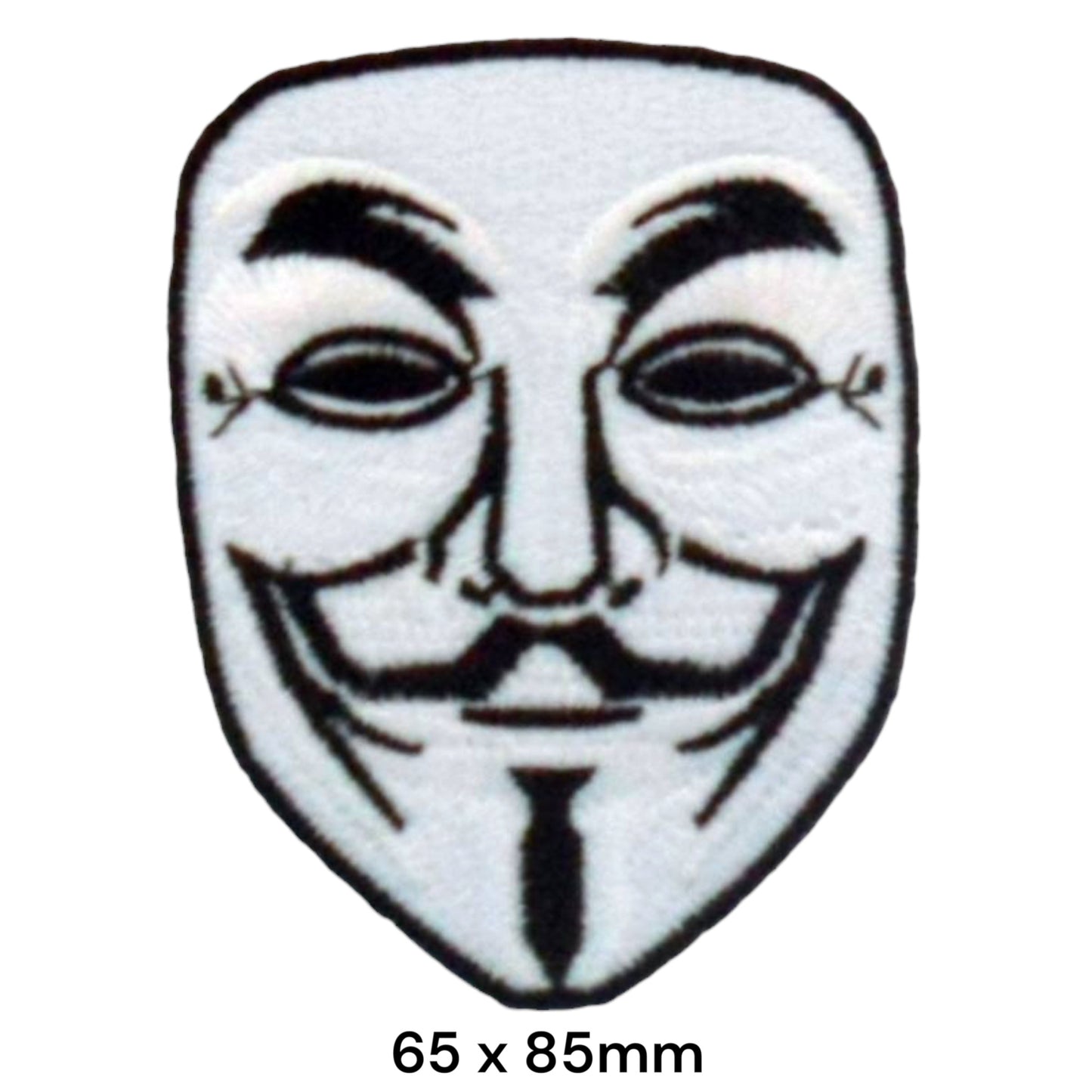Guy Fawkes Anonymous Mask Die-Cut Embroidered Patch 65x85mm – White & Black