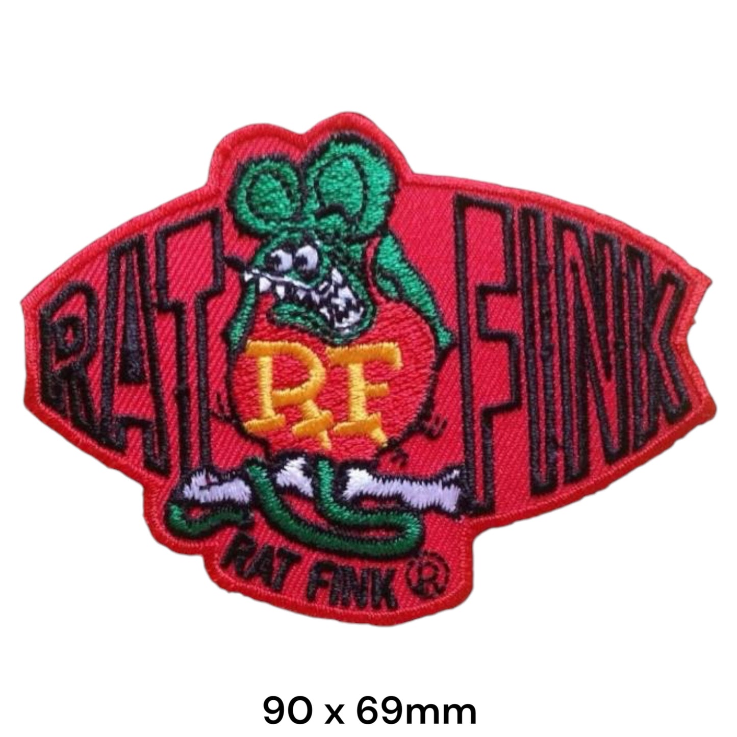 Rat Fink RF Logo Die-Cut Embroidered Patch 90x69mm – Green, Red, Yellow & Black