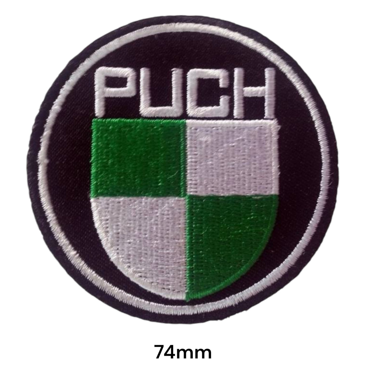 Puch Logo Shield Round Embroidered Patch 74mm – Green, White & Black